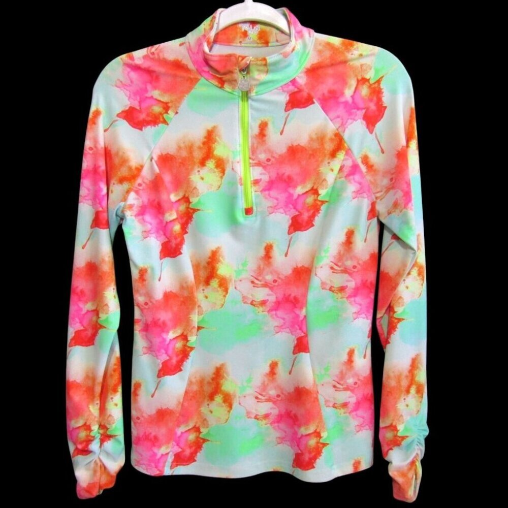 Tzu Tzu 1/4 Zip Multicolor Top Womens Size M Long Ruched Sleeve Golf Tennis